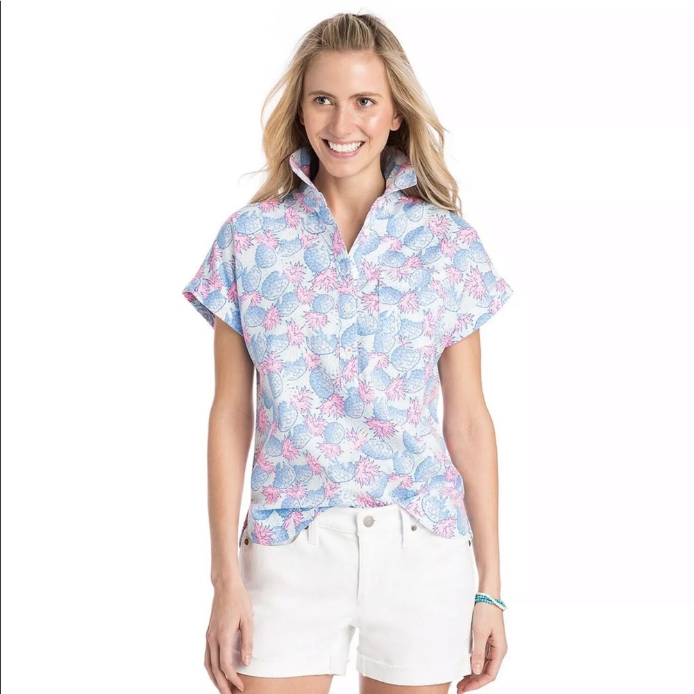 Vineyard Vines Popover Pineapple Blue Pink Shirt 8